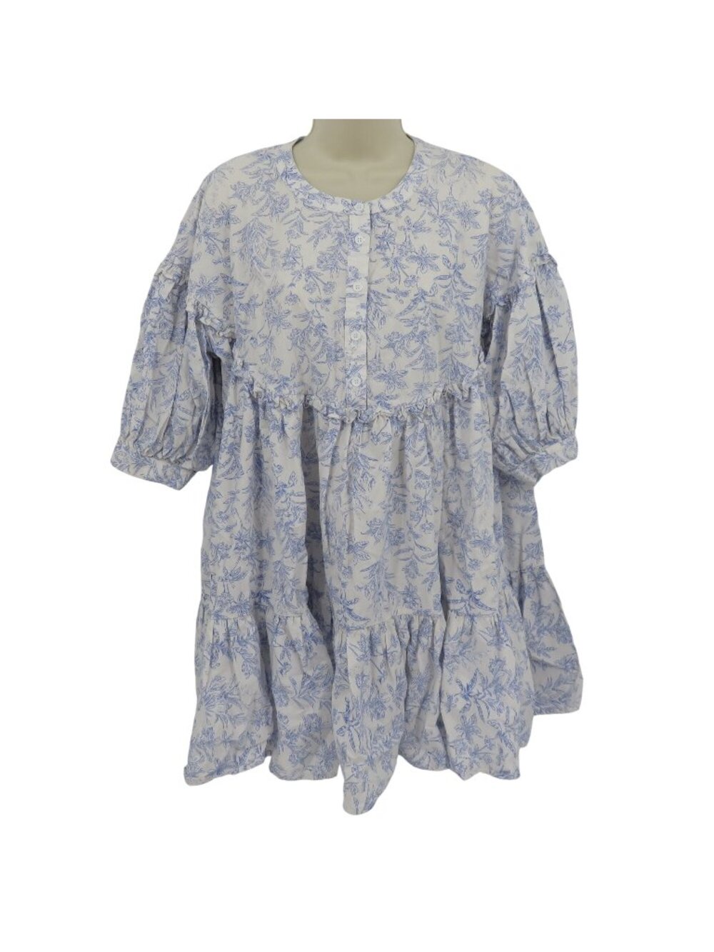 Bucket List Women Large White Blue Flower Botanical Print Ruffle Dress Sundress
